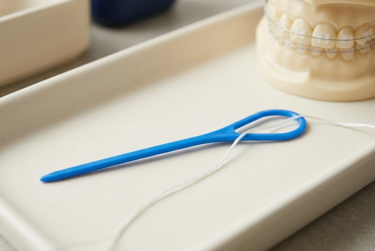 A floss threader and dental floss for cleaning around fixed braces.