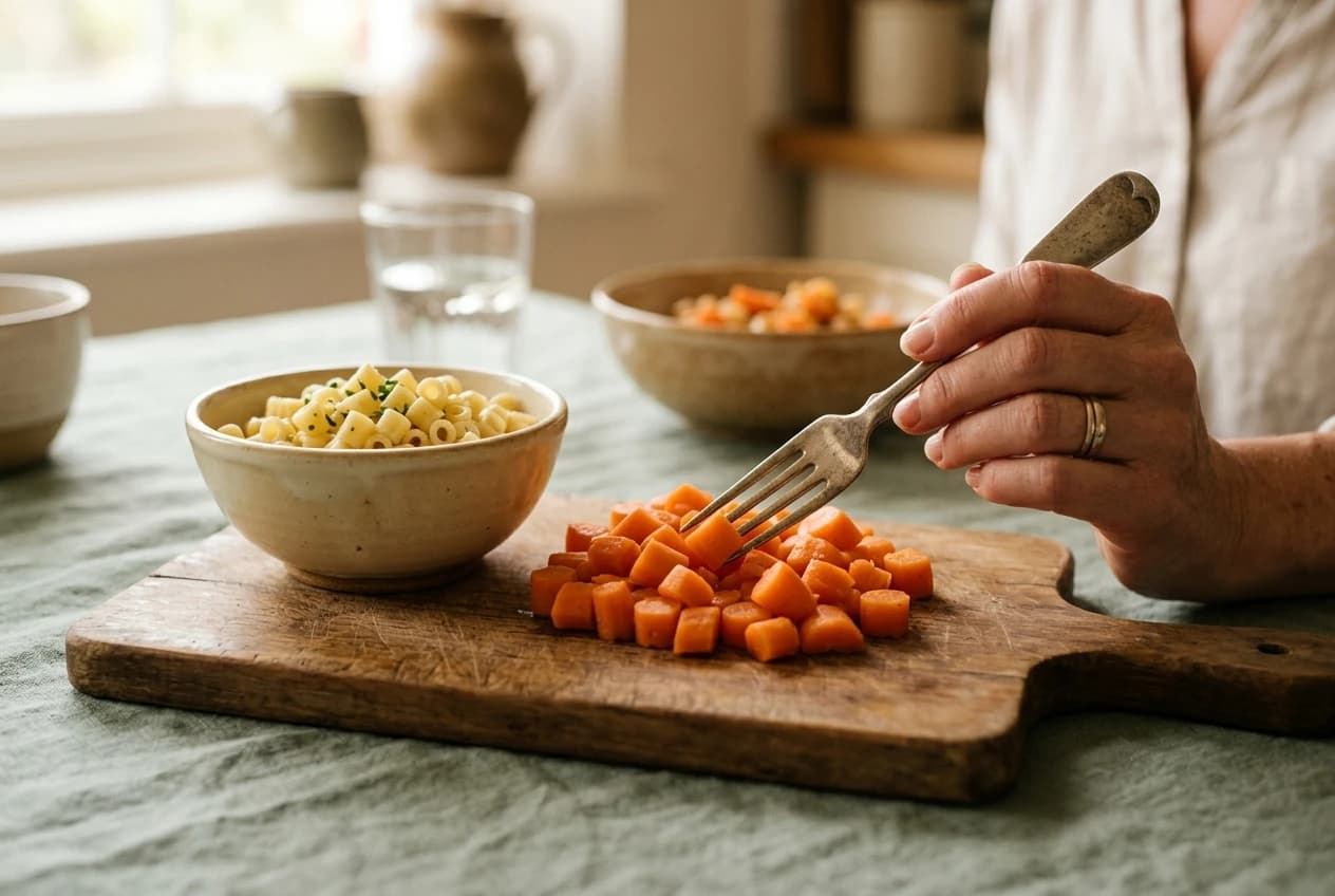 Soft cooked food cut into small pieces for an article about meal preparation with braces.