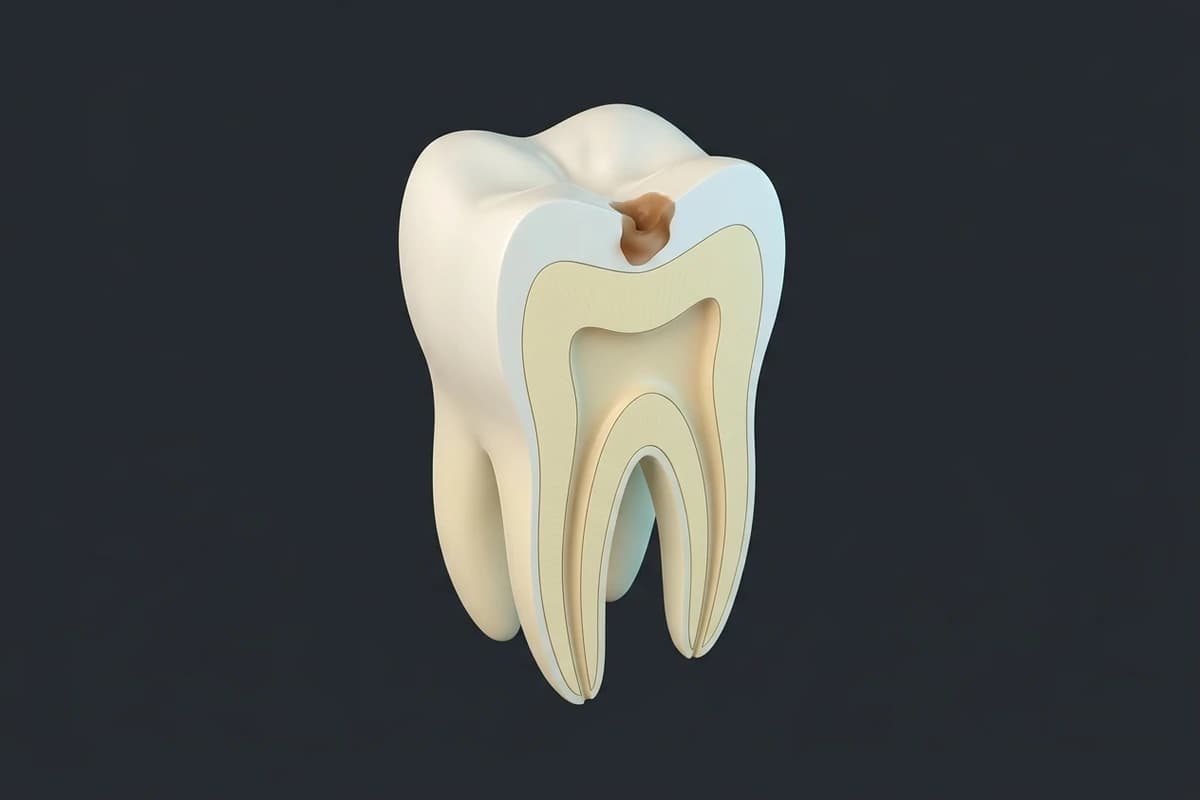 Educational cutaway of a molar showing a cavity extending through the enamel into dentin.